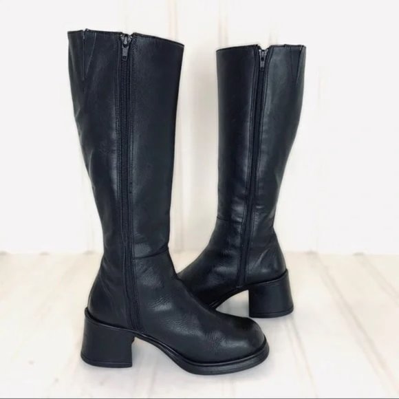 VINTAGE KNEE HIGH BLACK THICK LEATHER CHUNKY PLATFORM HEELS BOOTS SIDE ZIPPER - Picture 6 of 14